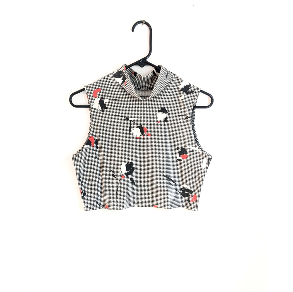 Vintage 90s Grunge Houndstooth Floral Cropped Mock Neck Tank